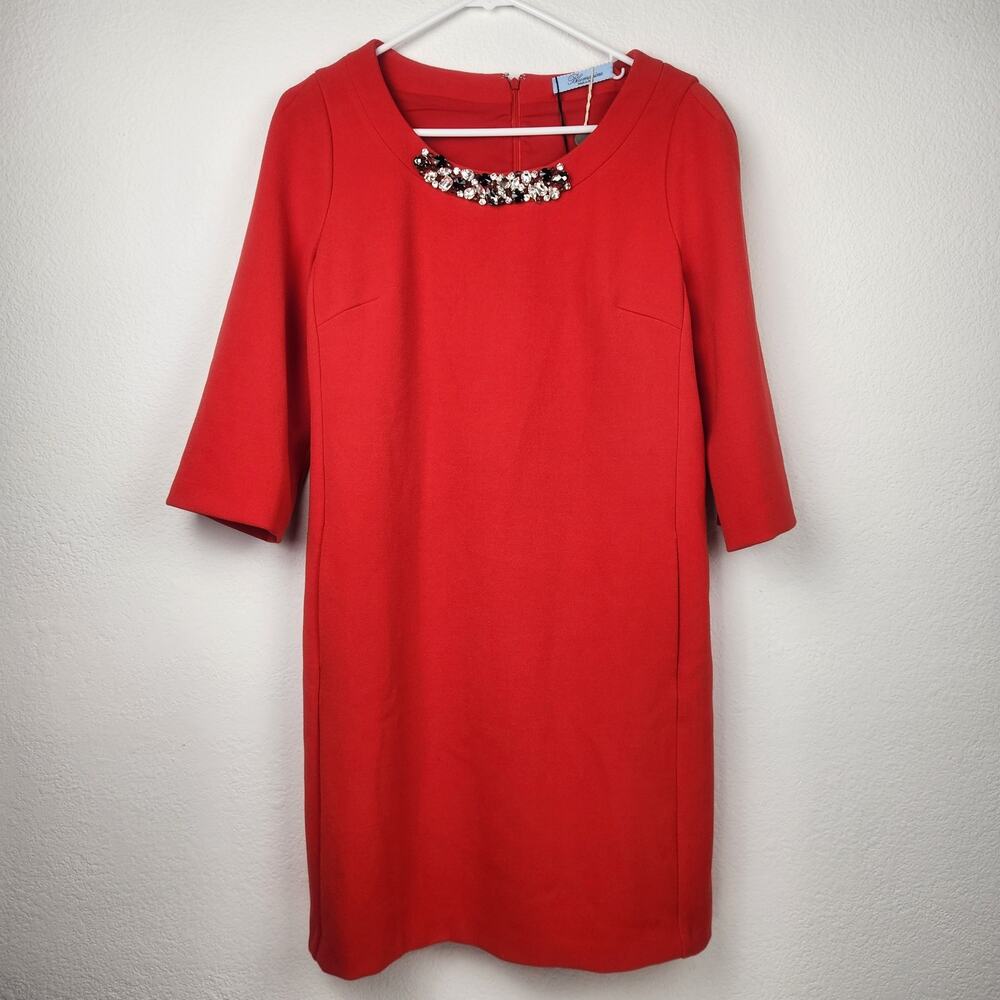 Blumarine Red Shift Dress Rhinestone Neckline 3/4 Sleeve Size 6 NWT Pockets